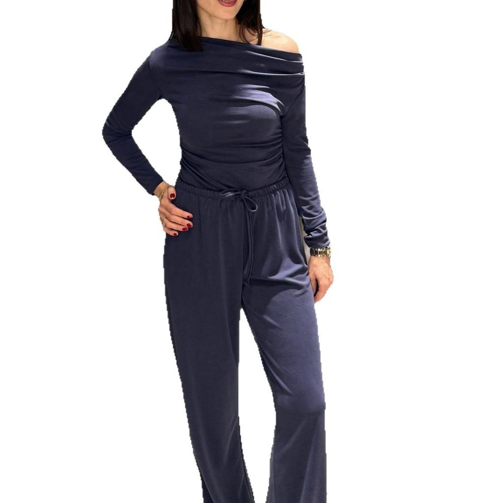European and American women's clothing new casual and comfortable pleated diagonal collar slim top high waist wide leg pants set