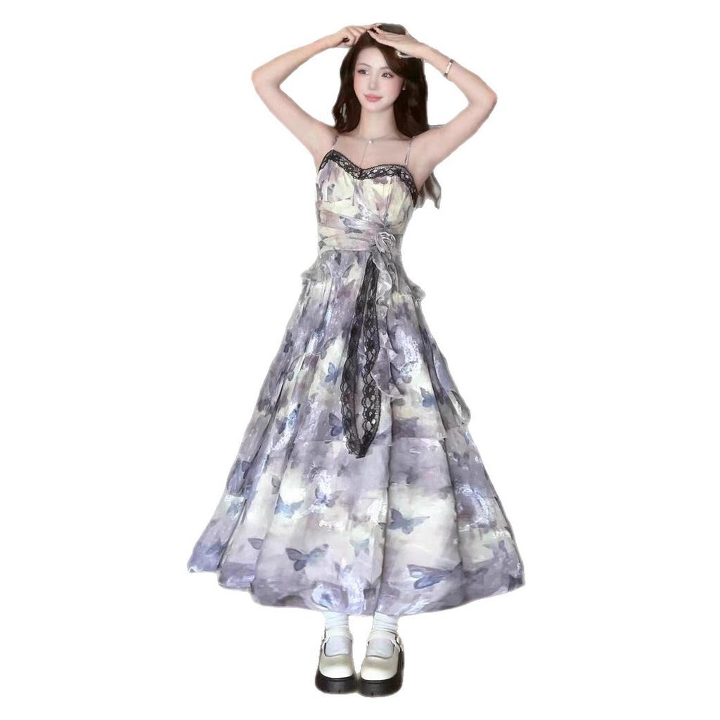 Sweet and Cool Butterfly Flower Smudge Double-layer Irregular Pendulum Rose Pinch Pleated Waist Suspender Skirt Dreamy Smart Purple