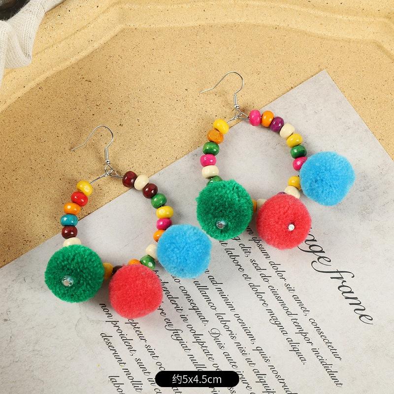 Pompom Earrings Women's Long Personalized Colored Hairball Stud Earrings Vintage Bohemian Vacation Fringed Earrings