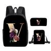 Fashion Novelty Flower letters A-Z 3D Print 3pcs/Set pupil School Bags Laptop Daypack Backpack Inclined shoulder bag Pencil Case