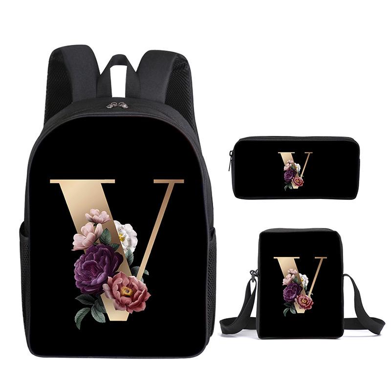 Fashion Novelty Flower letters A-Z 3D Print 3pcs/Set pupil School Bags Laptop Daypack Backpack Inclined shoulder bag Pencil Case