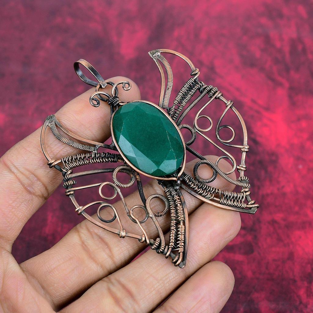 Faceted zambian emerald pendant copper wire wrapped pendant gemstone copper jewelry handmade butterfly pendant wire wrap jewelry for gifts