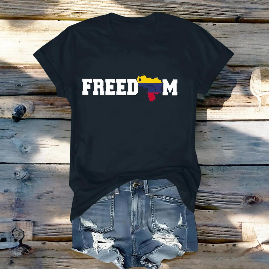 Women's Fashionable Round Neck Casual Retro Print Short Sleeved T-shirt Top