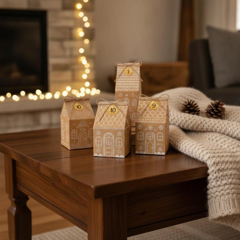 House Shaped Kraft Paper Advent Calendar 24Pcs Christmas Countdown Gift Box for Candy Snacks Family Holiday Gifting