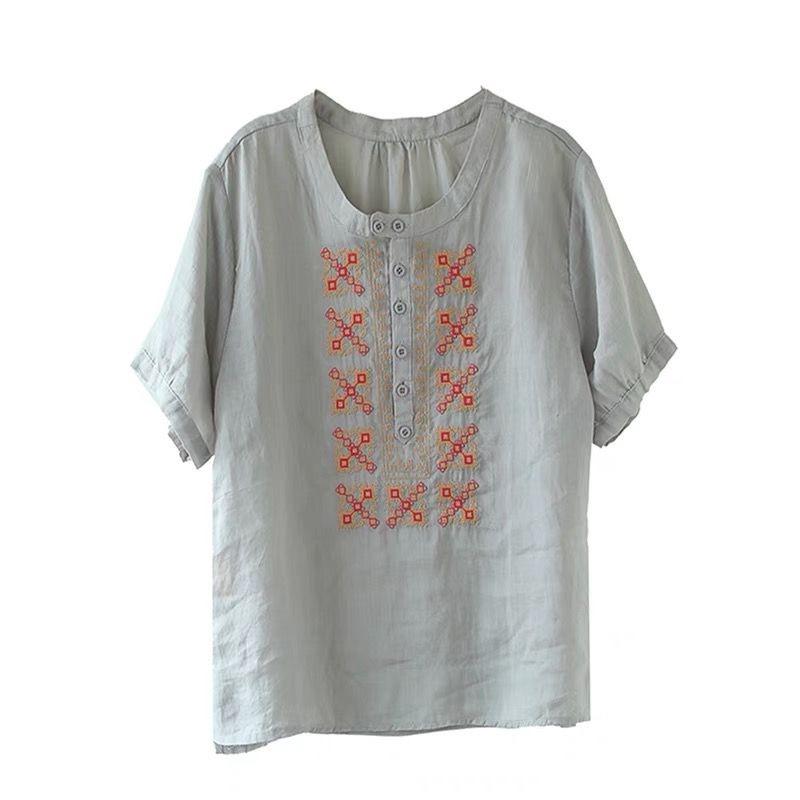 Large Size Clearance Original Summer Chinese Style New Ethnic Cotton and Linen Embroidered Top Shirt Round Neck Small Shirt Short Sleeves