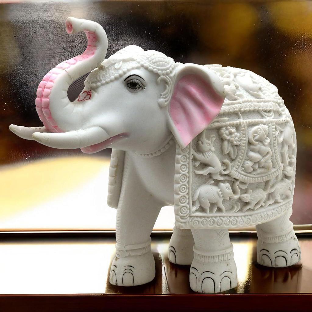 White Elephant Showpiece Big Size Marble Resin Aesthetic Statue Decorative Item for Home, 8 inch Elephant Decor