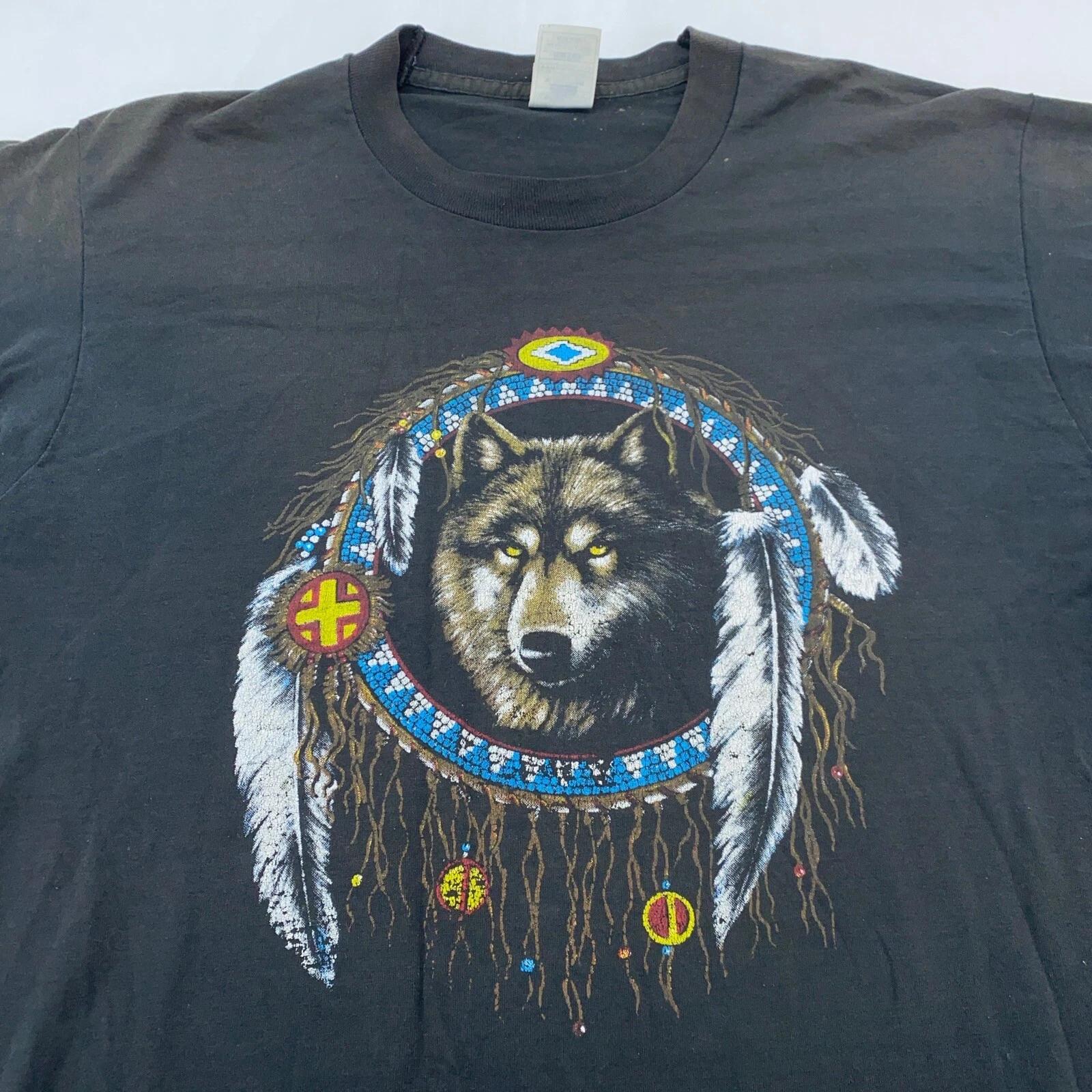 vintage 90s WOLF NATIVE AMERICAN DREAMCATCHER NATURE T-Shirt LARGE animal S