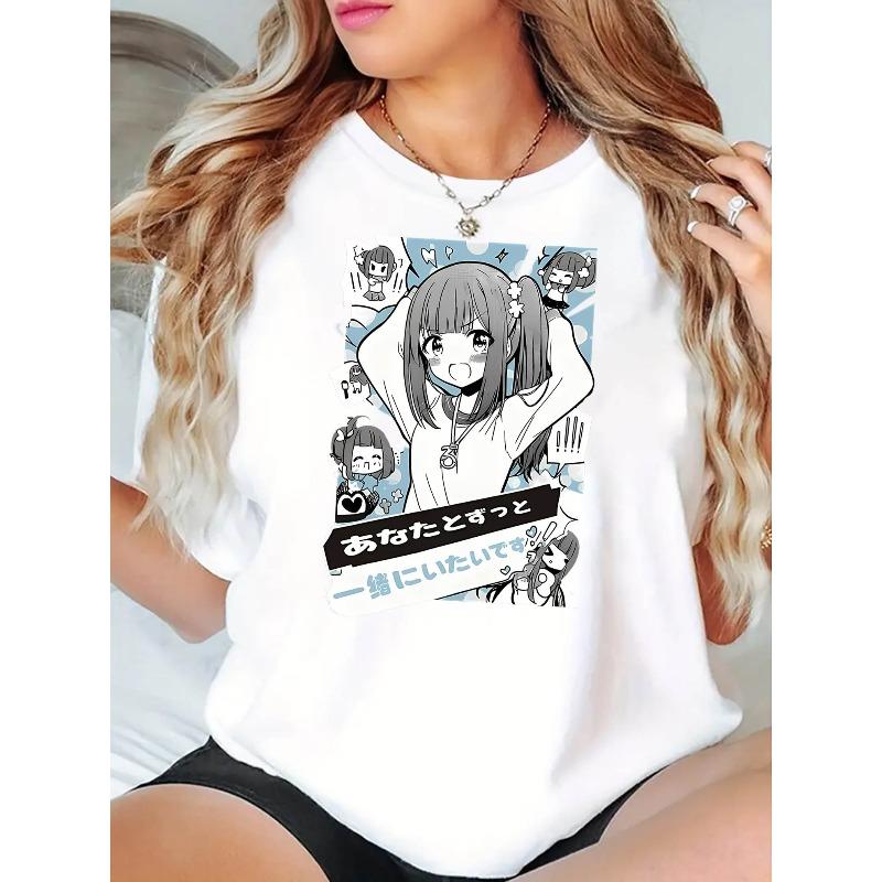 

Женская футболка с принтом аниме-персонажа Милый кот Японский текст Повседневная с коротким рукавом Всесезонный топ S белый