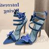 Fashion Eilyken Sexy Denim Butterfly-knot High Heels Women Sandals Hollow Out Ankle Strappy Shoes Summer Pointed Toe Zapatos Mujer