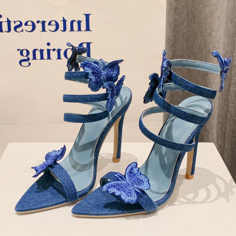 Fashion Eilyken Sexy Denim Butterfly-knot High Heels Women Sandals Hollow Out Ankle Strappy Shoes Summer Pointed Toe Zapatos Mujer
