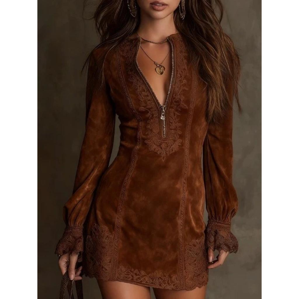 European American Women's Dress, V Neck Long Sleeve Loose Embroidered Dress, Zipper Lace Splicing Casual Dress