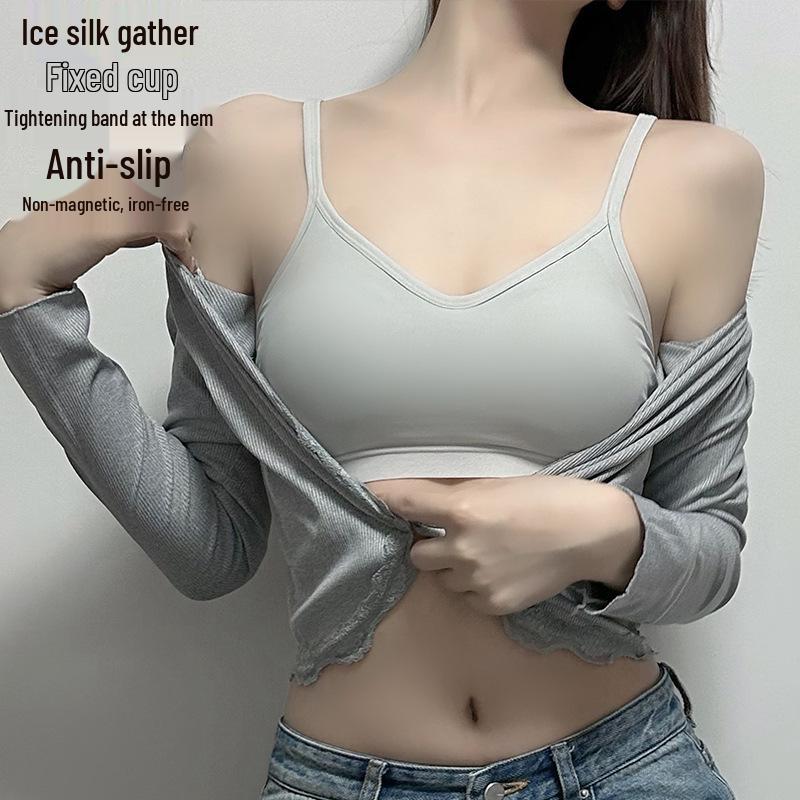 Ice Silk Backless Strap Vest: Wire-Free, Machine Washable Sports Bra for Women - Small Bust Support S (75-90 jin) серый