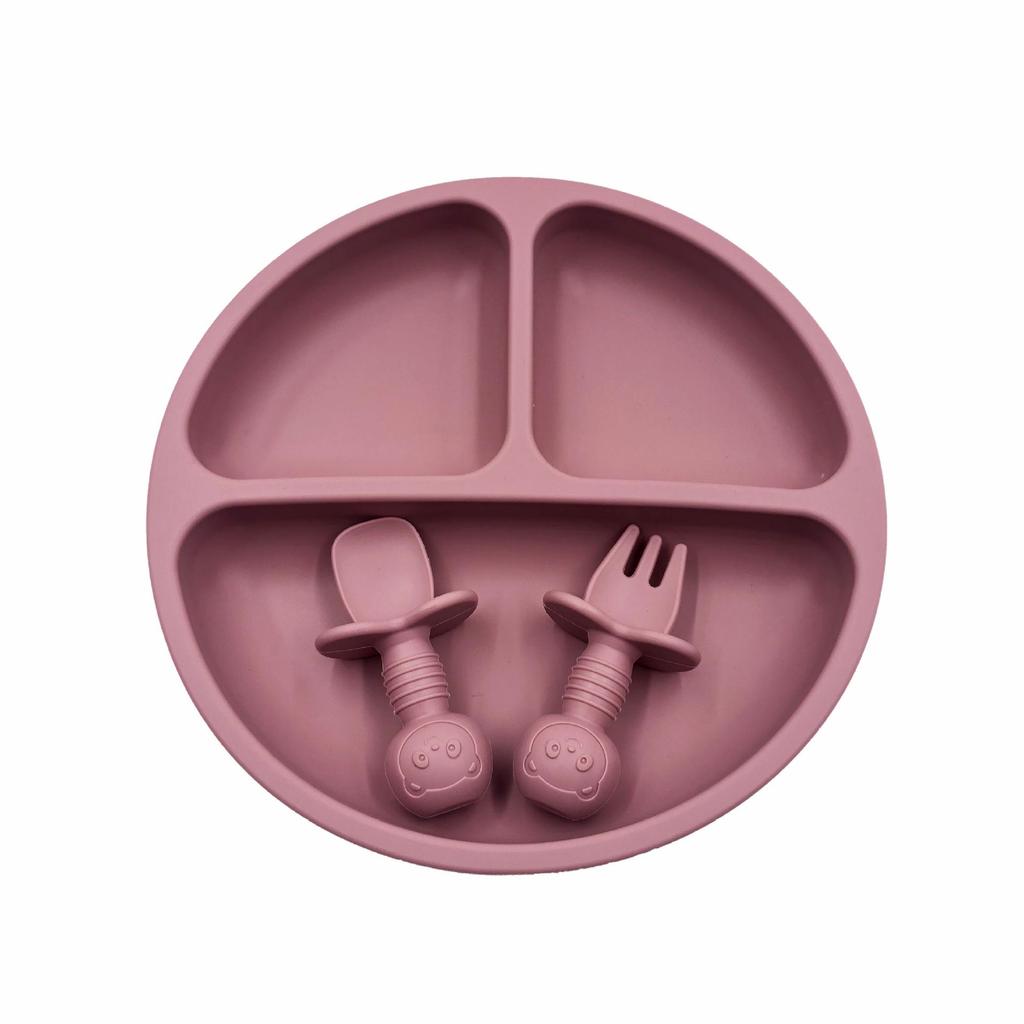 Silikon Smiley-Gesicht Kinderplatte mit unterteilten Abschnitten, Gabel- und Löffelset