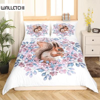 Cute Squirrel Duvet Cover Twin Woodland Animal Comforter Cover Retro Watercolor Flower Bedding Set For Girls Kids Women,Wildlife