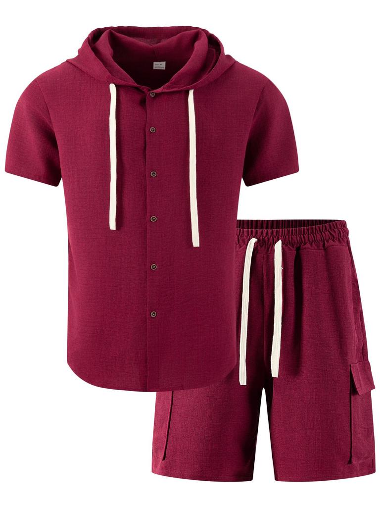 Men's Summer Casual Loose Hooded Short Sleeve Shirt and Workwear Shorts Set