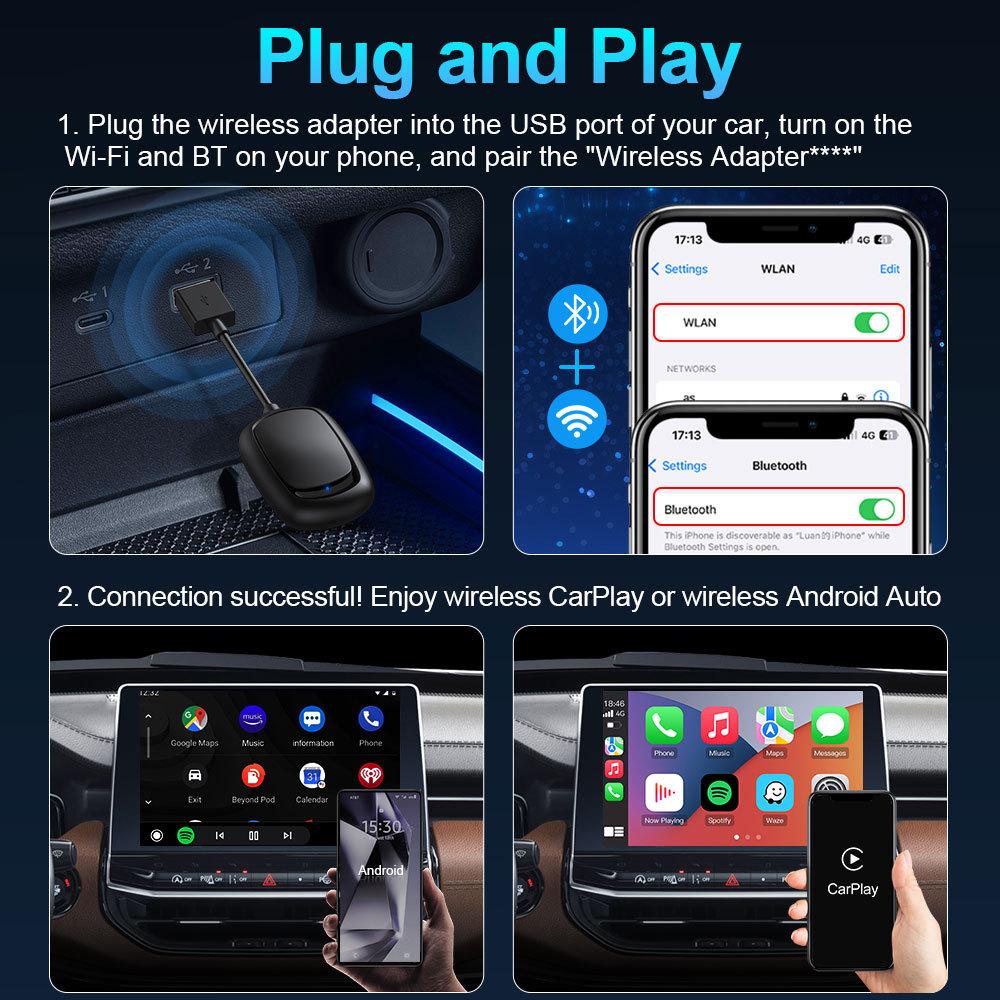 Wireless Carplay&Android Auto Box 2in1 Wired To Wireless Dongle Automatic Connect Adapter 5.0 Bluetooth Plug&Play Mini AI Box