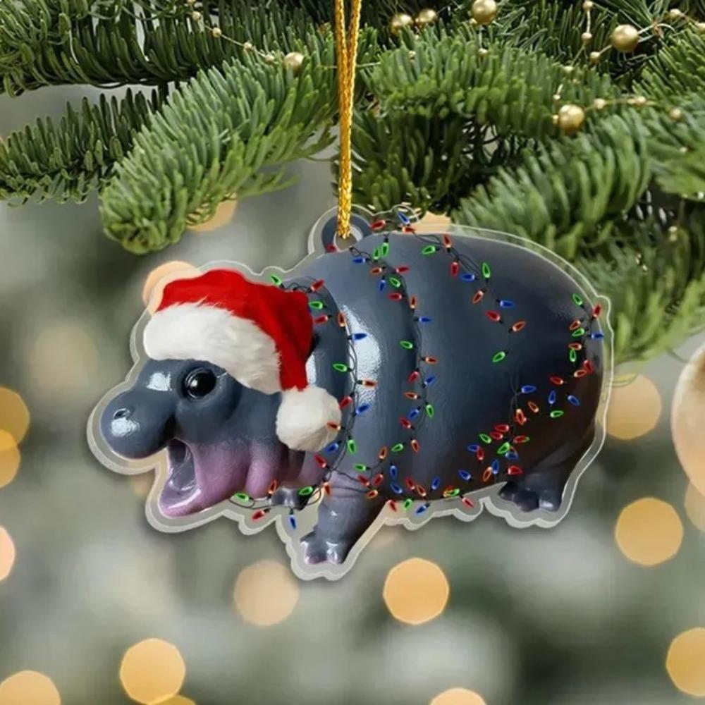 Cartoon Moo Deng Christmas Hippo Resin Figurine 2D Pygmy Moo Deng Hanging Decoration Moo Deng Toy Kawaii Hippopotamus Ornaments