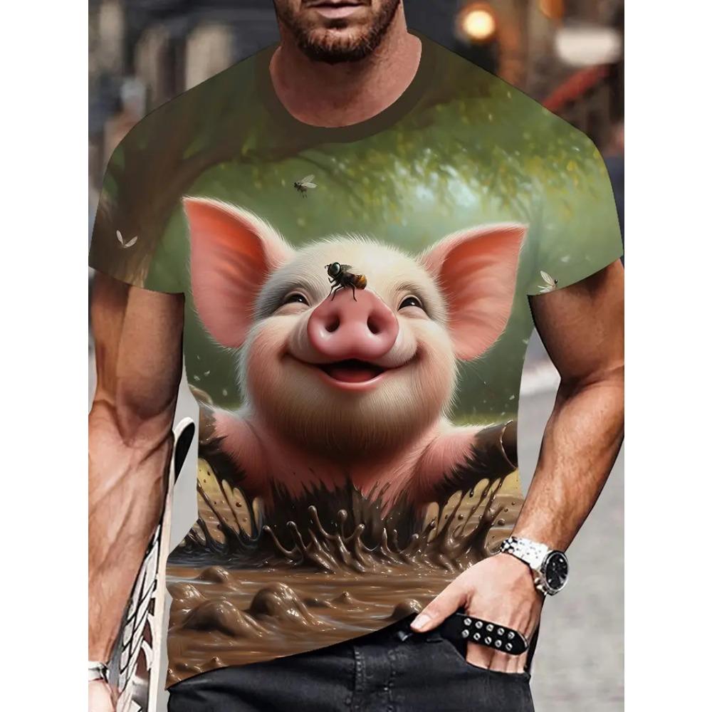 Full Print Men's Funny Pig Graphic T-Shirt Clothes Summer Short Sleeve Round Neck Casual T Shirts Top Men Novelty Animal Tshirts