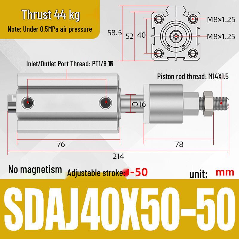 Adjustable Stroke Pneumatic Thin Cylinder - Piston Rod Sizes: 16/20/25/32/40/63