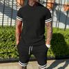 New Summer Men's Minimalist Striped Printed Comfortable and Breathable Round Neck T-shirt Shorts Set for Outdoor Casual Wear