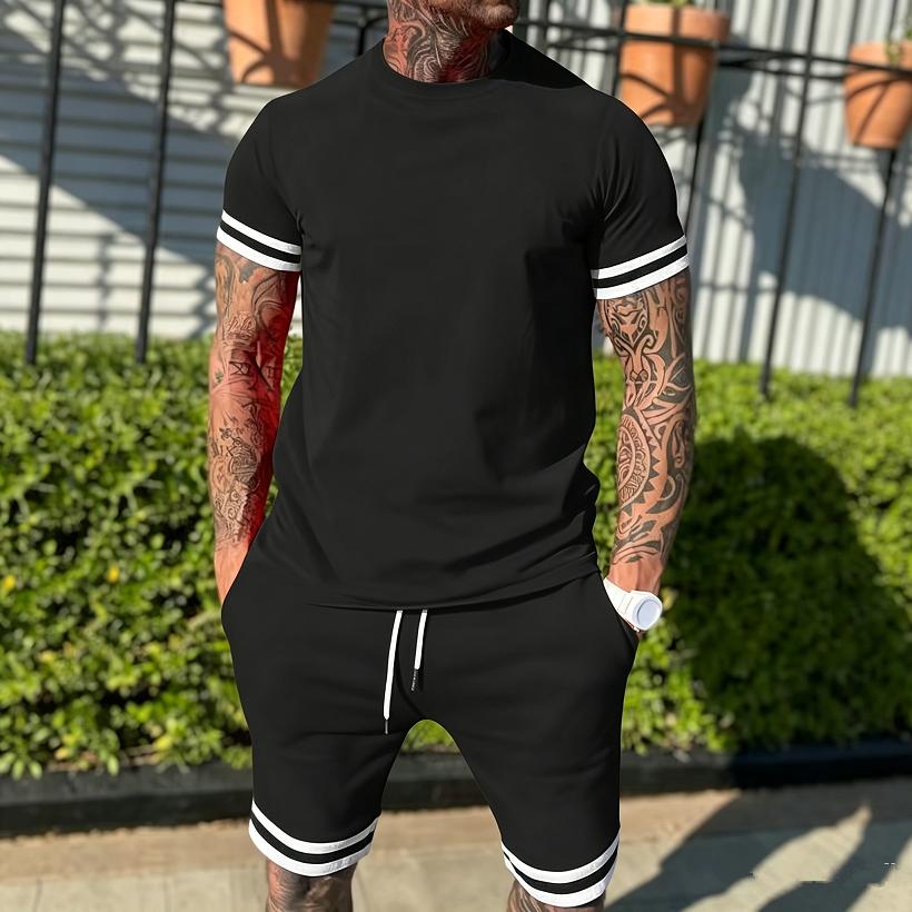 New Summer Men's Minimalist Striped Printed Comfortable and Breathable Round Neck T-shirt Shorts Set for Outdoor Casual Wear