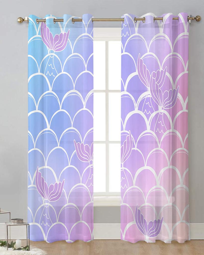 Mermaid Scale Tail Gradient Sheer Curtains for Living Room Decoration Window Curtains for Kitchen Tulle Voile Organza Curtains