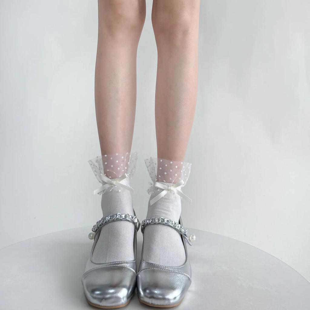 Polka Dot Mesh Lace Ruffle Socks Women Lolita Kawaii Bow Sweet Girls Short Socks JK Japanese Style Solid Color Black White Socks