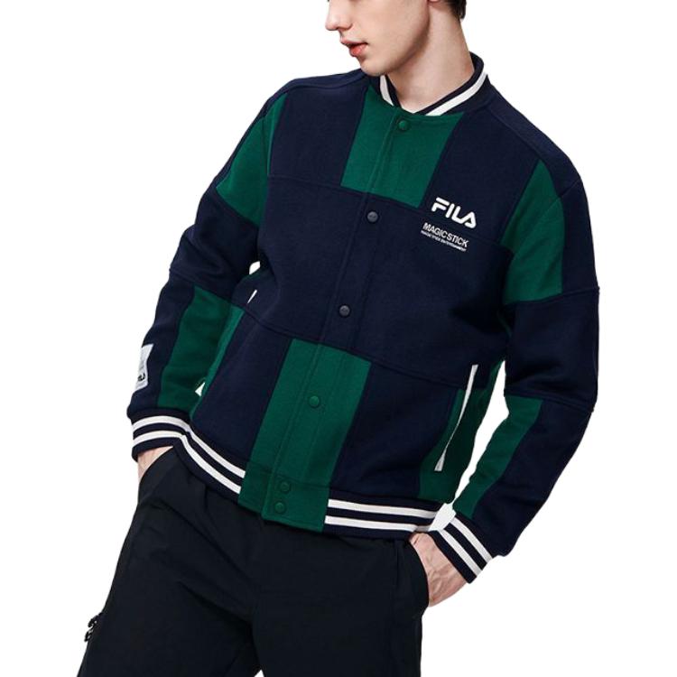 FILA Fleece Letter Embroidery Color Block Loose Long Sleeve Baseball Jacket Men jackets Secret-Mirror-Blue F11M319701F