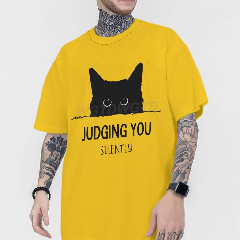 Judging You Silently Print T Shirt Men Women Sarcastic Humor Streetwear Short Sleeve Harajuku Cat Tee Male 100 Cotton Fun Shirt