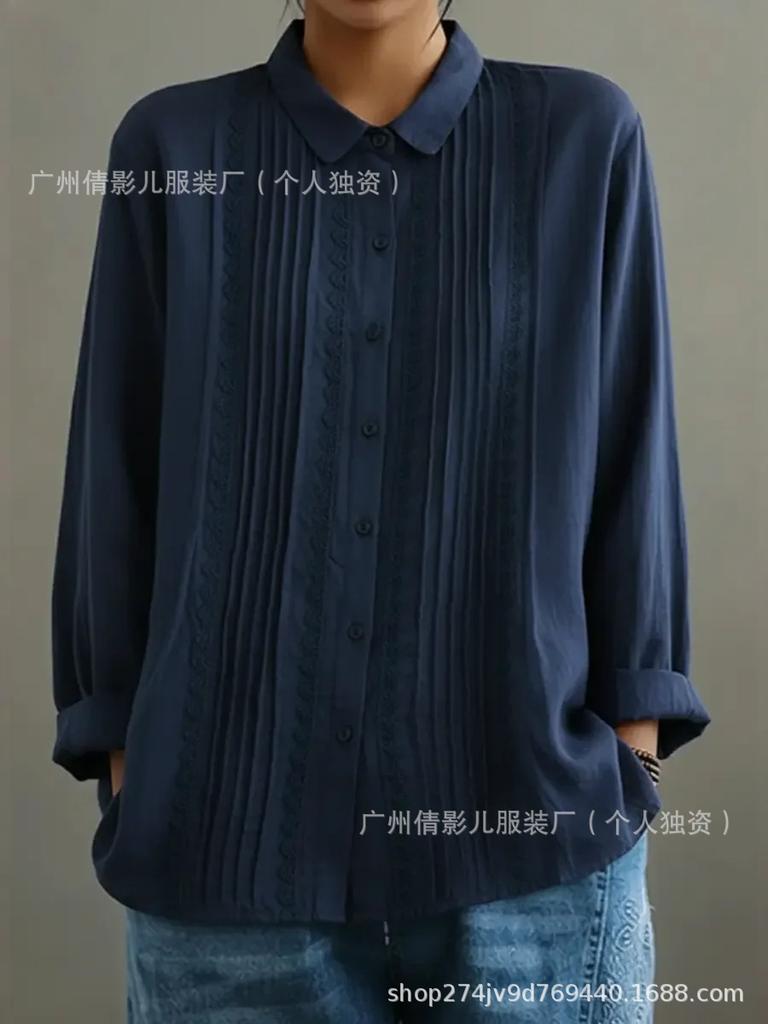 White Long Sleeve Shirt with Front Pleats and Lace Trim