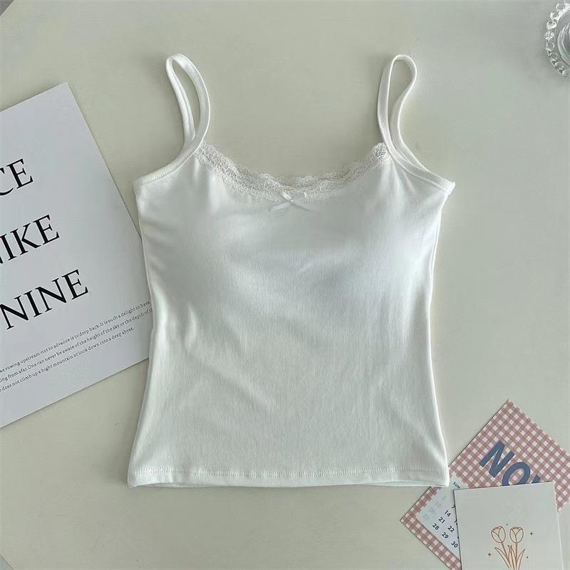 

Girls Cute Padded Bra Tank Top Women Lace Casual Strap Top Vest Female Camisole With Removable Built In Bra Clothing белый