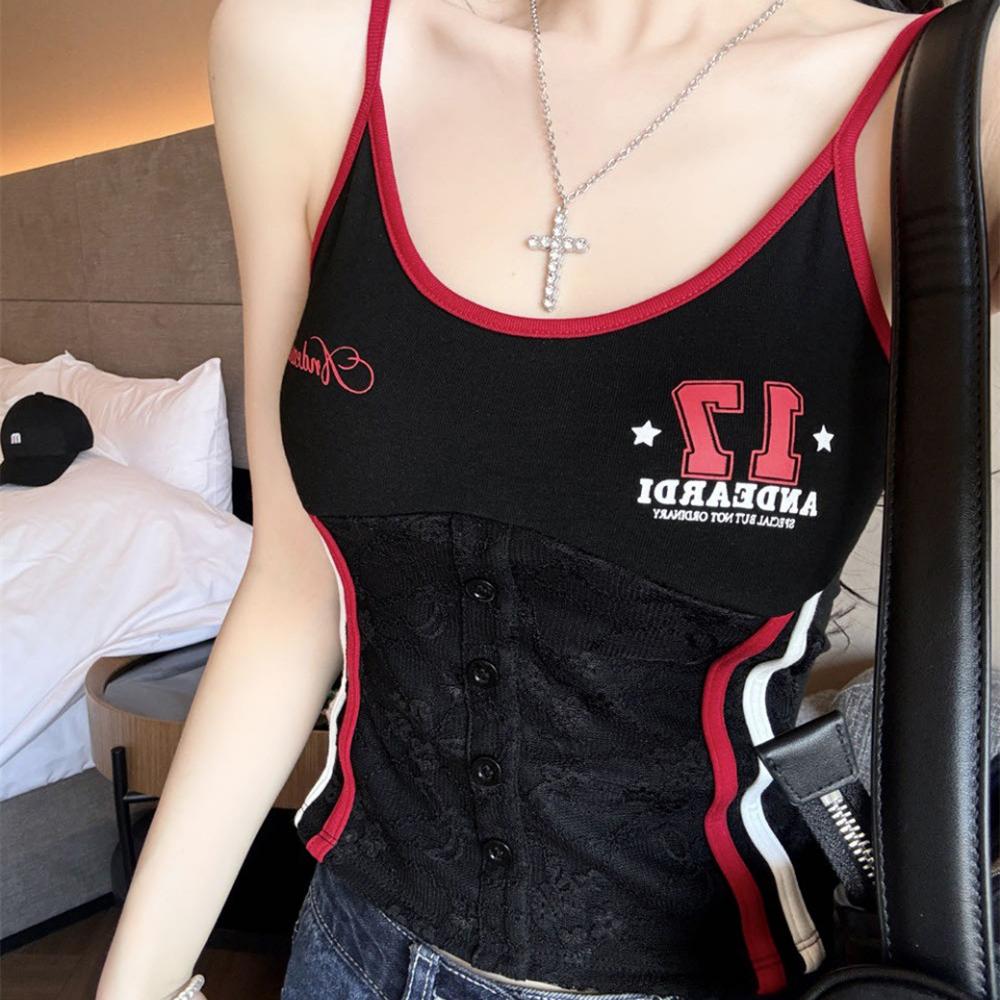Women s Colorblock Lace Trim Cami, Printed Slim-Fit Tank Top with Built-in Bra One size