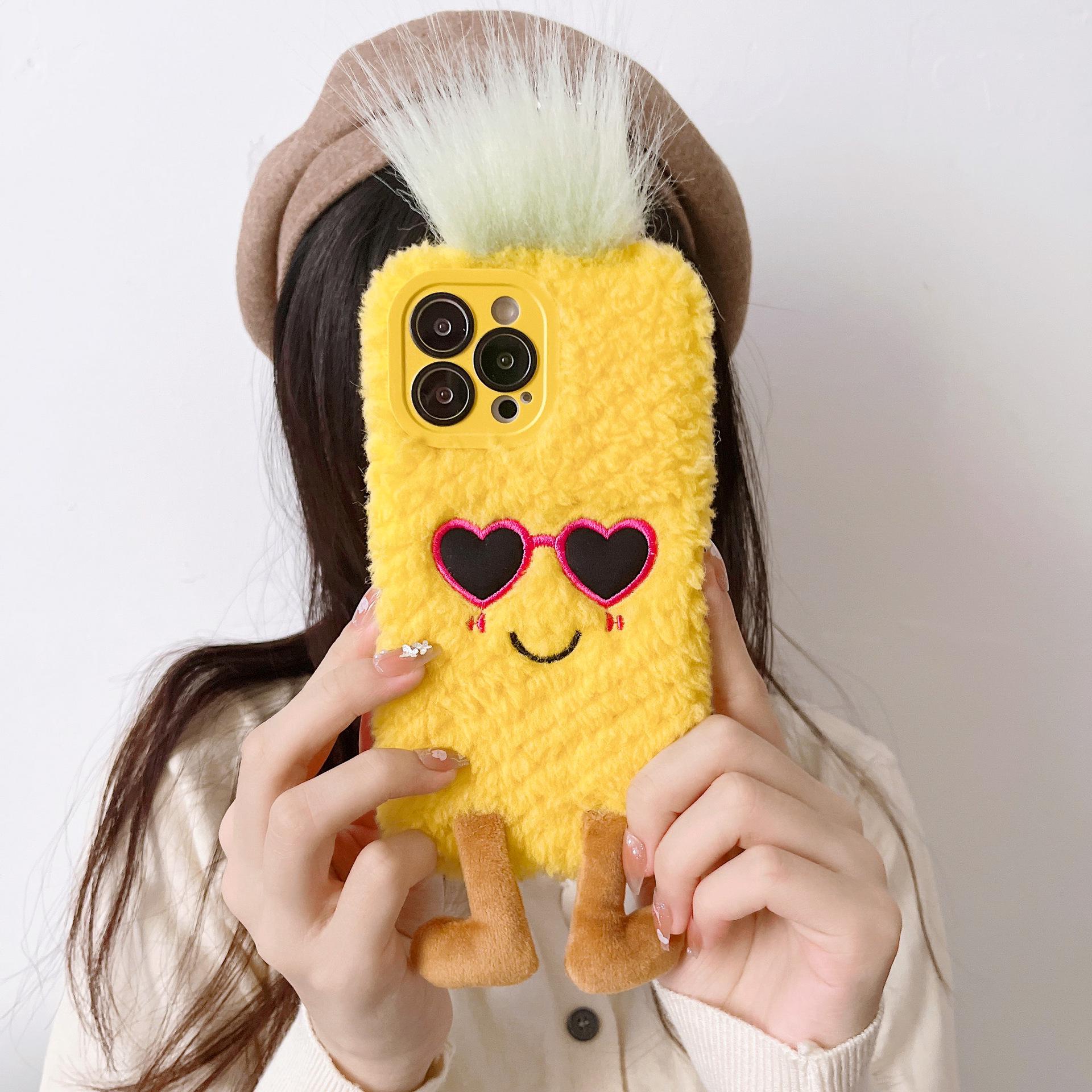 

Autumn-Winter Plush Heart Glasses Pineapple Cute Phone Case for iPhone 13/14/15 Pro Max iPhone 16 Pro