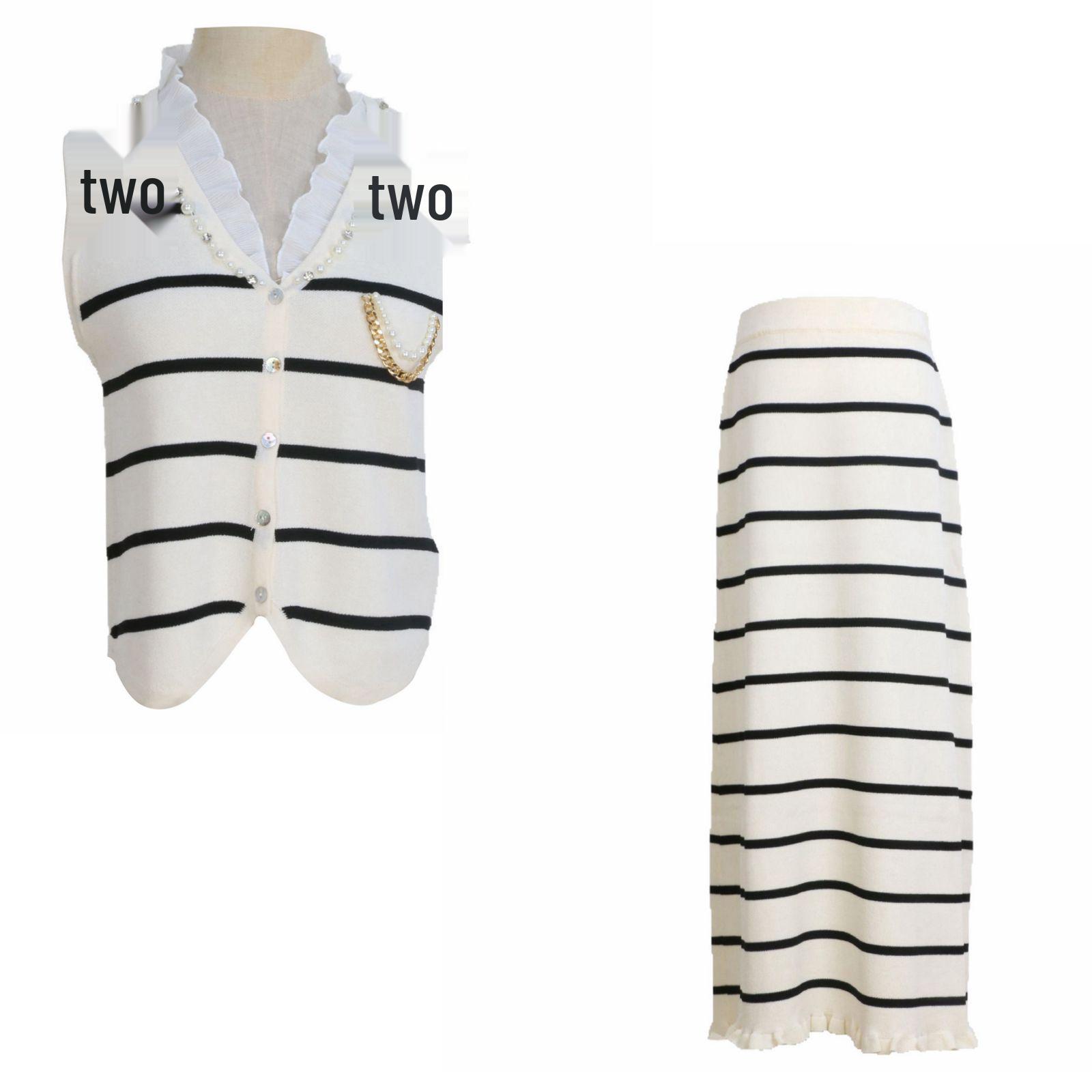 

Elegant French Stripe Knit Vest with Hip-Wrapping Midi Skirt Two-Piece Set S