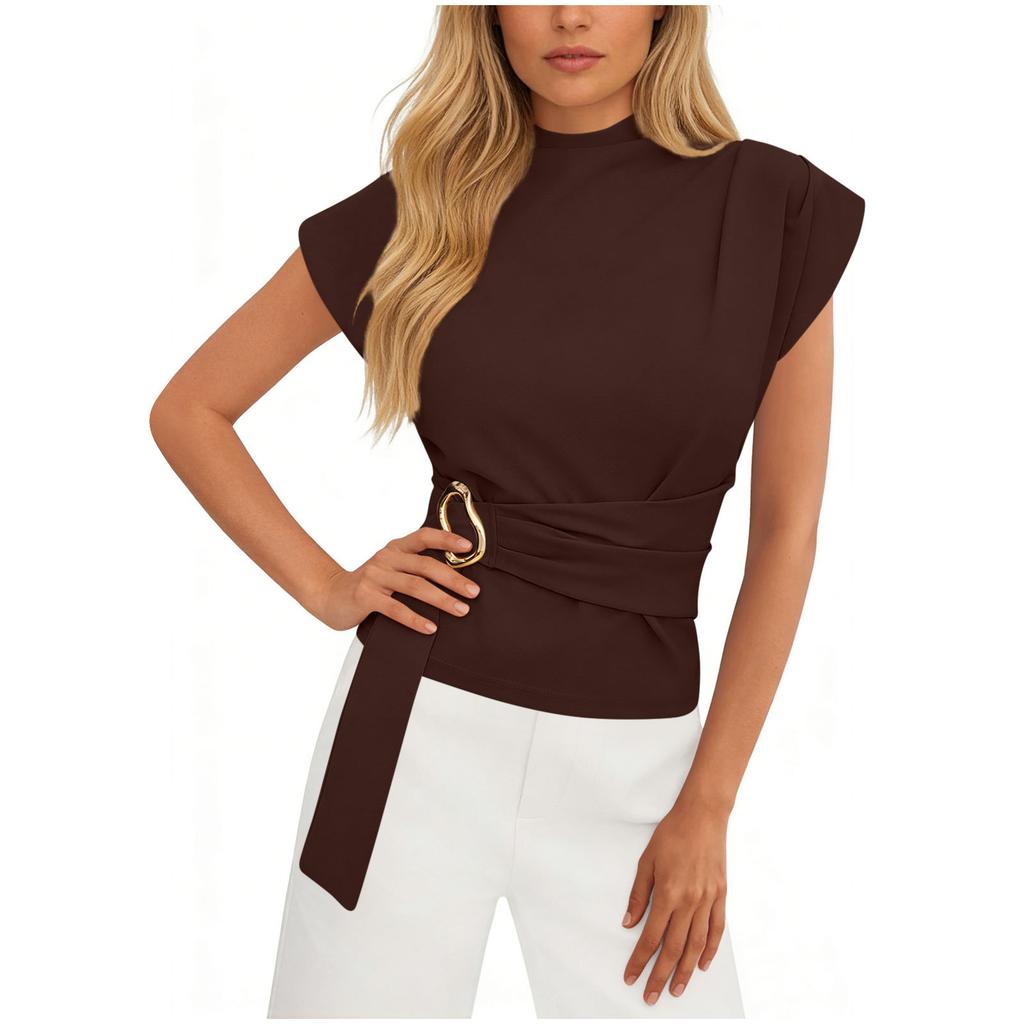 Stylish Women's High-neck Short-sleeved Fitted Top With Buttons In A  Color