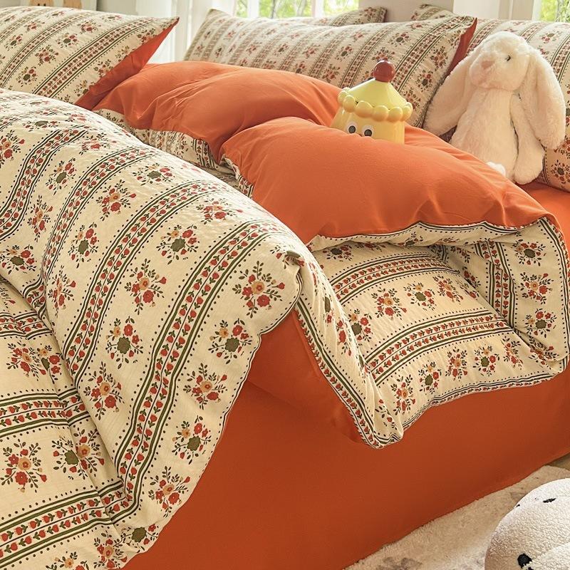 A Type Small Fresh Four-piece Set Ins Household Bed Sheet Quilt Cover Washed Cotton Double-layer Yarn Quilt Cover Bedding Three-piece Set