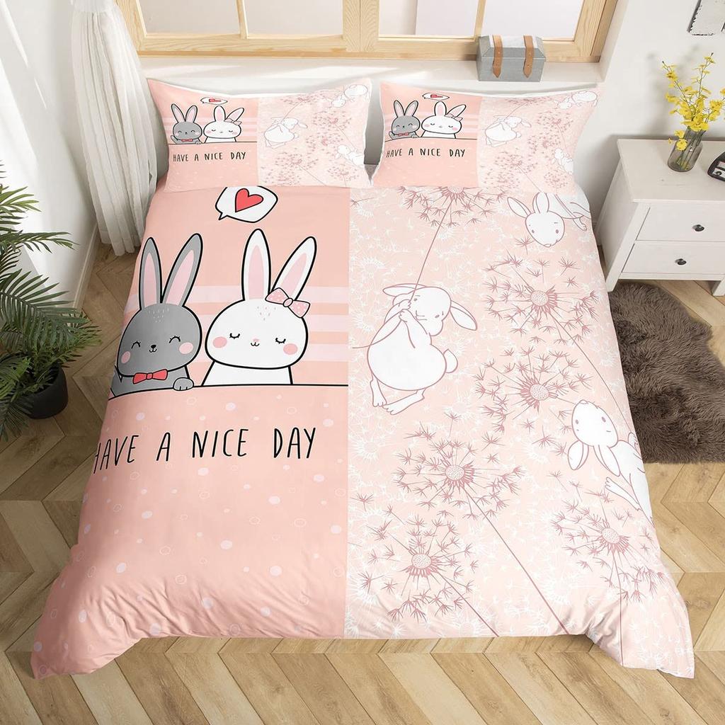 Cartoon Rabbit Duvet Cover Twin Cute Animal On The Moon Quilt Cover Microfiber Cloud Galaxy Space Bedding Set for Boy Girl Gift