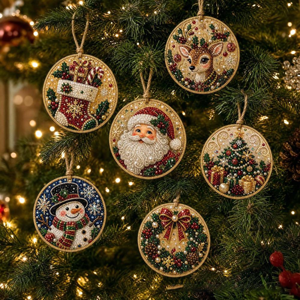6 Wooden Christmas Ornaments DIY Pearl Art Kits for Adults, Hanging Diamond Art Christmas Ornaments Set with Pearls