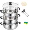 Multifunctional Compatible with Induction and Various Heat Glass Lid Stainless Steamer Steamer, Two-Tier, Three-Tier, "Triple-Layer Bottom" Sources,