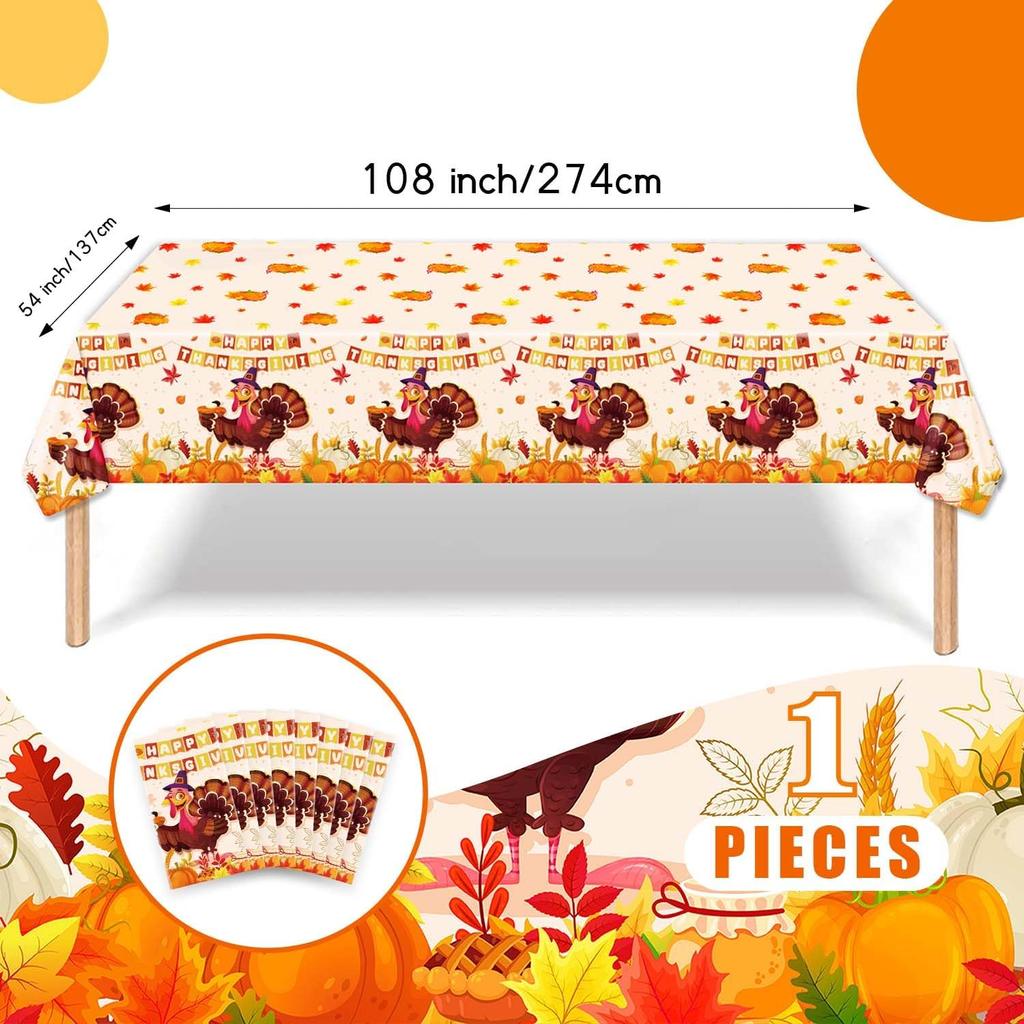 1 Pack Thanksgiving Fall Tablecloth Disposable - 108" × 54", Fall Table Cloth Autumn Harvest Turkey Pumpkin Leaves Tablecover Plastic Rectangle