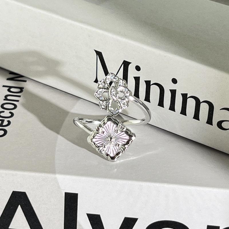 Light luxury Internet celebrity mix and match personalized flower bow fashion ring women full of diamonds flower language niche cold wind ring tide