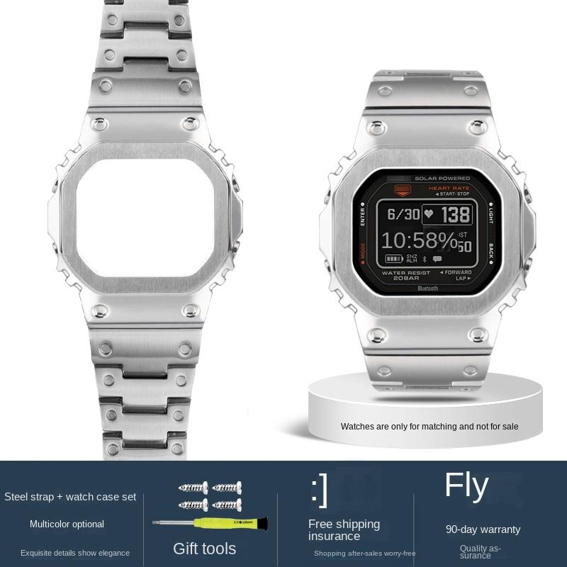 For Casio G-SHOCK DW-H5600 Bluetooth Heart Rate Watchband Modified Small Block Solid Stainless Steel Strap Bezel Case Bracelet