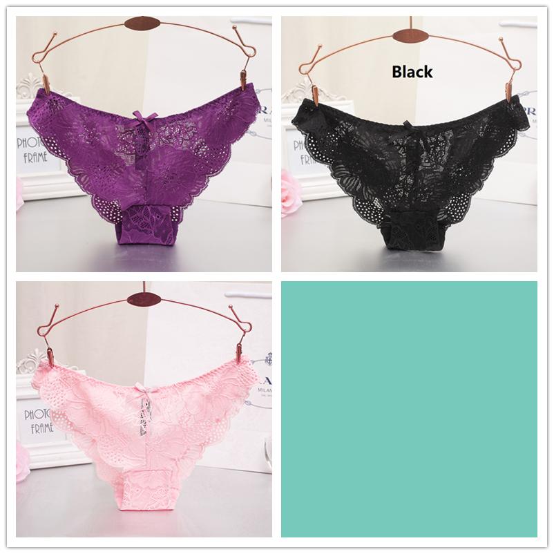 3pcs/lot Women's Sexy Hollow Lace Low Waist Triangle Panties Ruffle Edge Bow Underpants