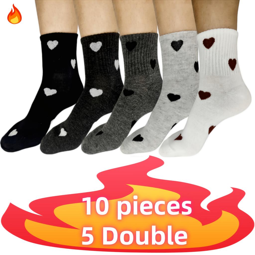 High Quality10pcs 5 Pairs Women'S Mid-Calf Socks with Heart Pattern, Calf Socks - Elegant Heart Pattern Design, Featuring a Heart Pattern In Fabric -