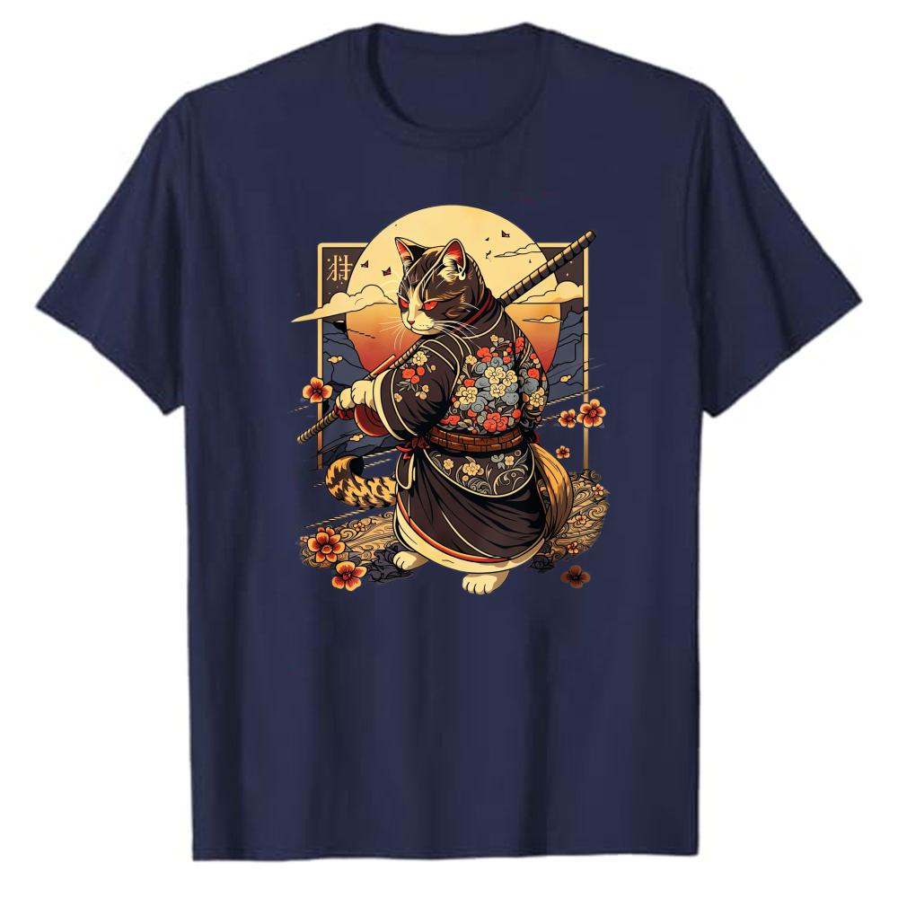 Samurai Katze ADHS Arbeit Ordentlich T-Shirt Lustiges Japanisches Stil Grafik T-Shirt für Unisex Kurzarm Lässiges Oberteil Einzigartiges Parodie Geschenk Präsent