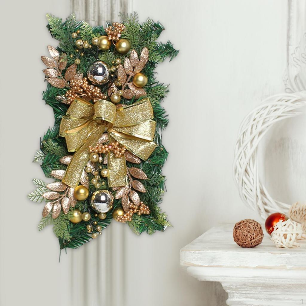 Artificial Stair Swag, Wreath Gift Bow Ornaments Garland for Party Fireplace