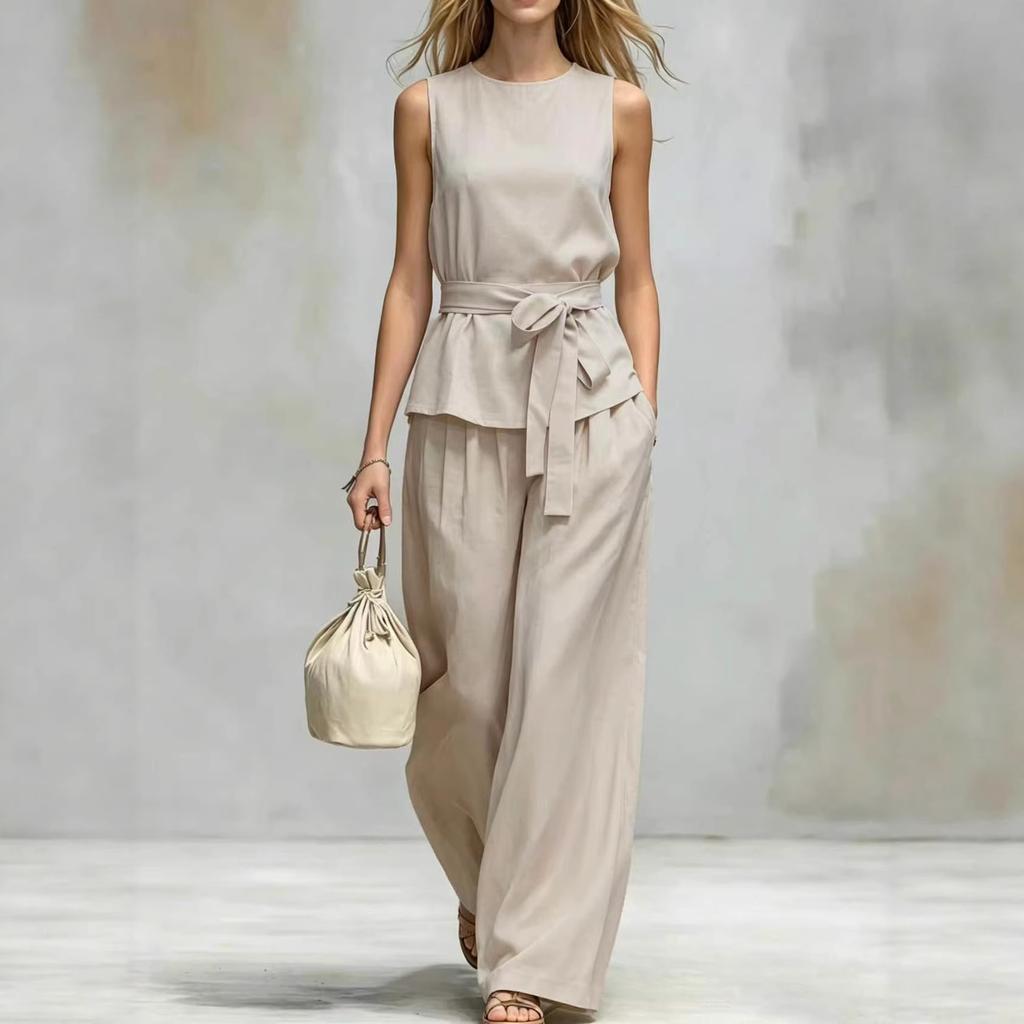 Women Solid Color Sleeveless Jumpsuit Round Neck Self Tie Belt Wide Leg Pants Casual Loose Fit Long Overalls