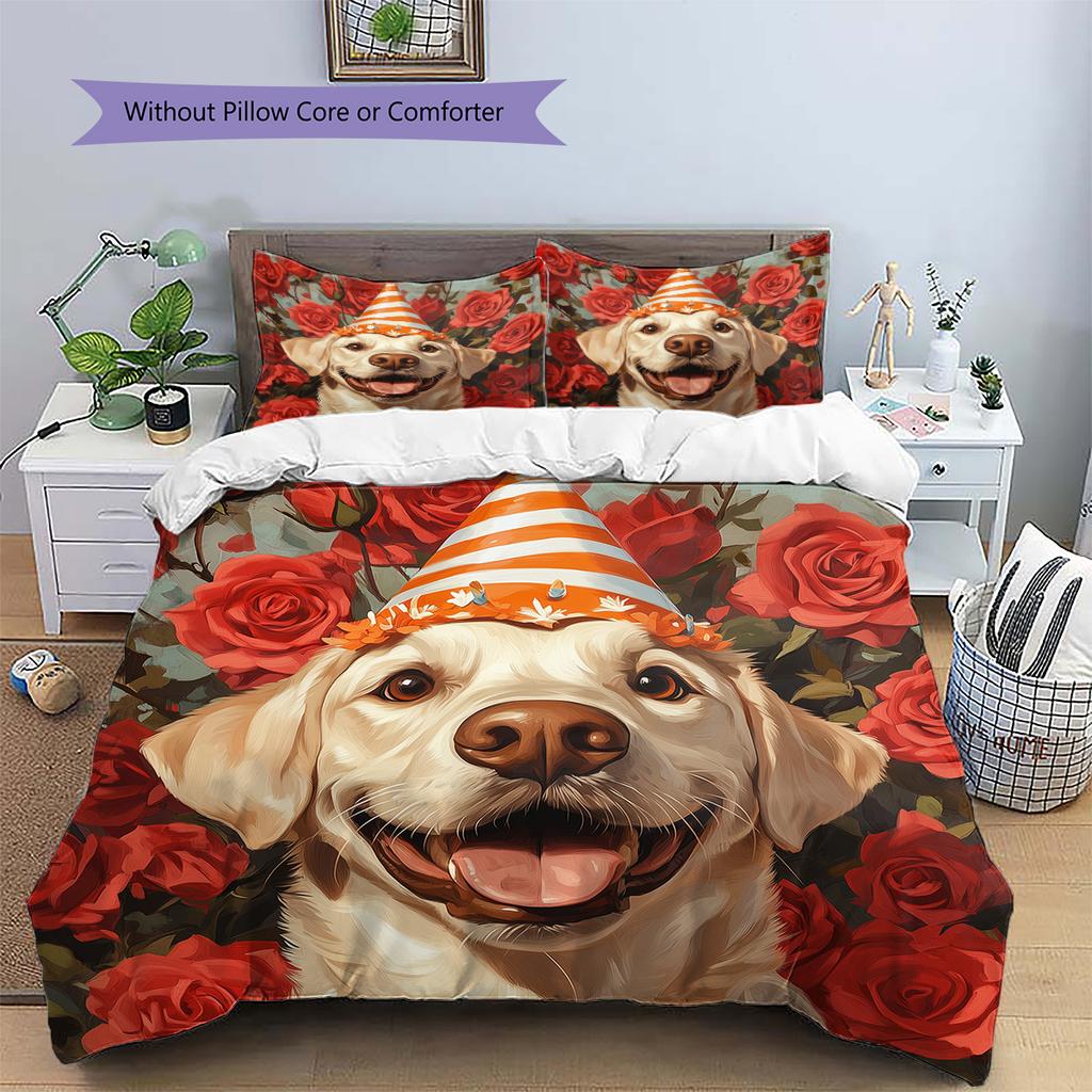 Rose Dog with Birthday Hat Pattern Bedding Quilt Set Home Decoration Gift (1 * duvet cover + 2 * pillowcase without core)