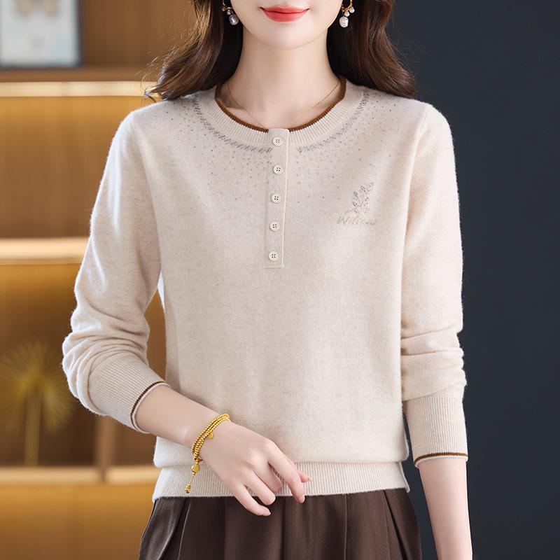 Stylish Women's Rhinestone Wool Round Neck Knit Sweater - Long Sleeve, Warm, Loose Fit for Autumn/Winter