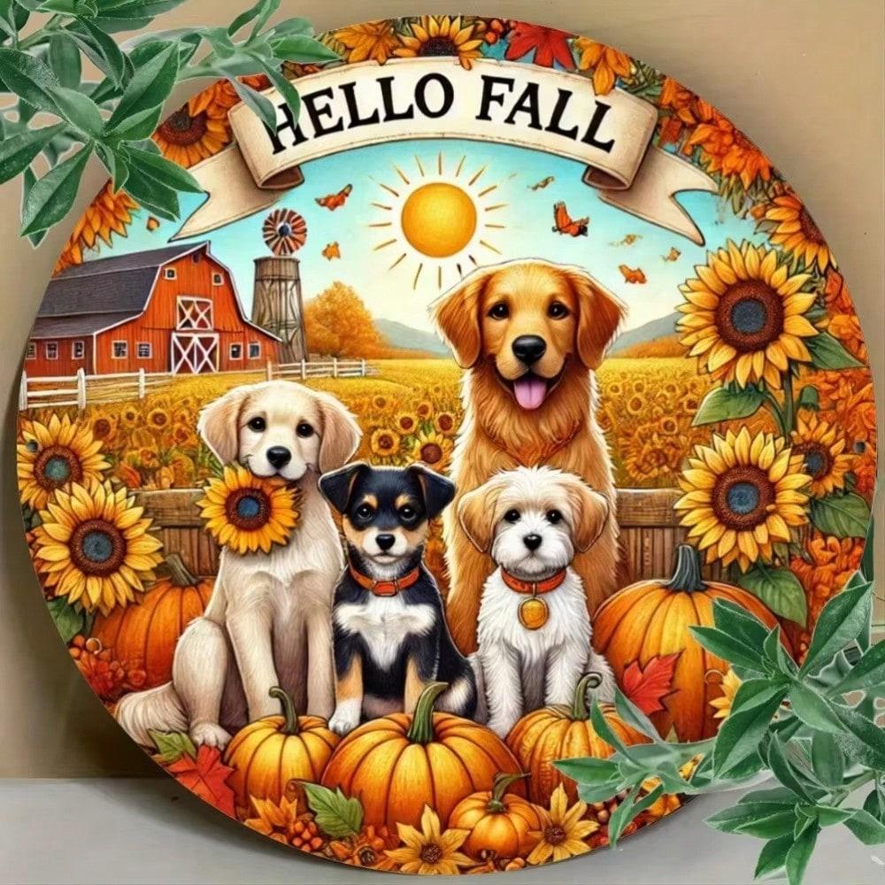 Metal Wall Art Decor Fall Harvest Pumpkin Dog Gift Farmhouse Door Sign 20x20